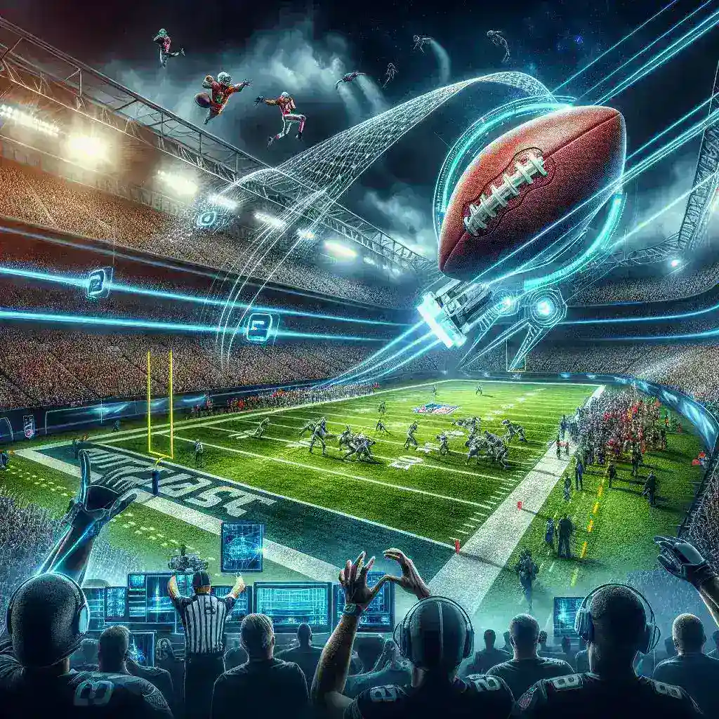 "Imagen de la tecnología Hawk-Eye en acción durante un partido de la NFL, mostrando la precisión en las mediciones electrónicas y su impacto en el arbitraje deportivo."